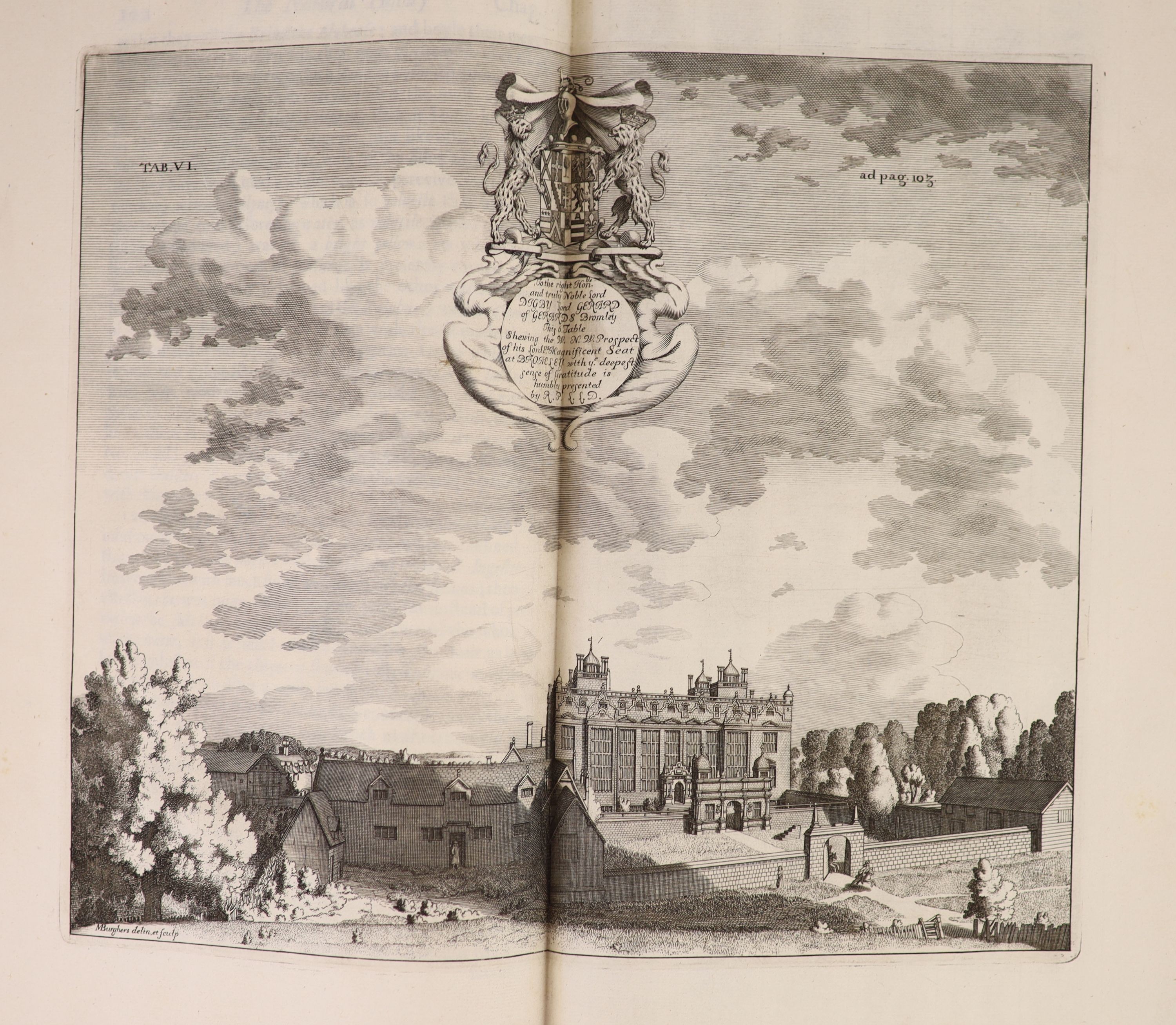 Plot, Robert - The Natural History of Staffordshire, 1st edition, folio, rebound calf by W.Pratt, with engraved title, folding map 63.5 x 54cms. (detached and badly stained) and 37 plates, 25 double paged, Oxford, 1686